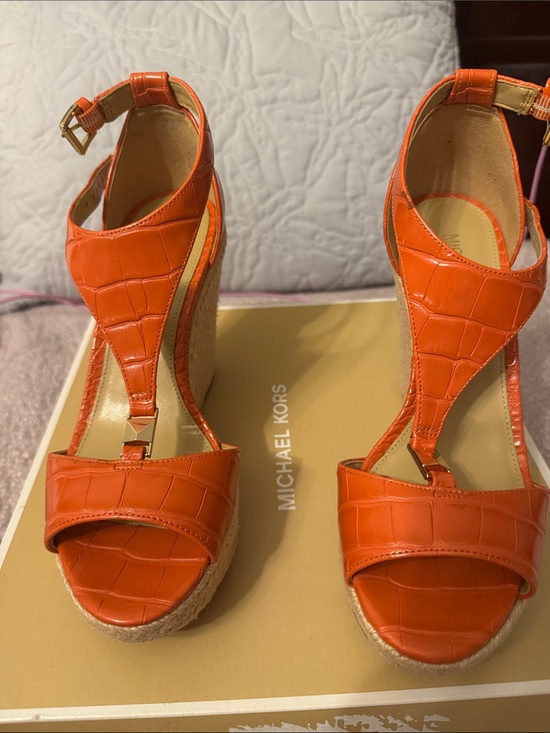 Michael Kors Shoes - Michael Kors Croc-Embossed Orange Wedge Sandals